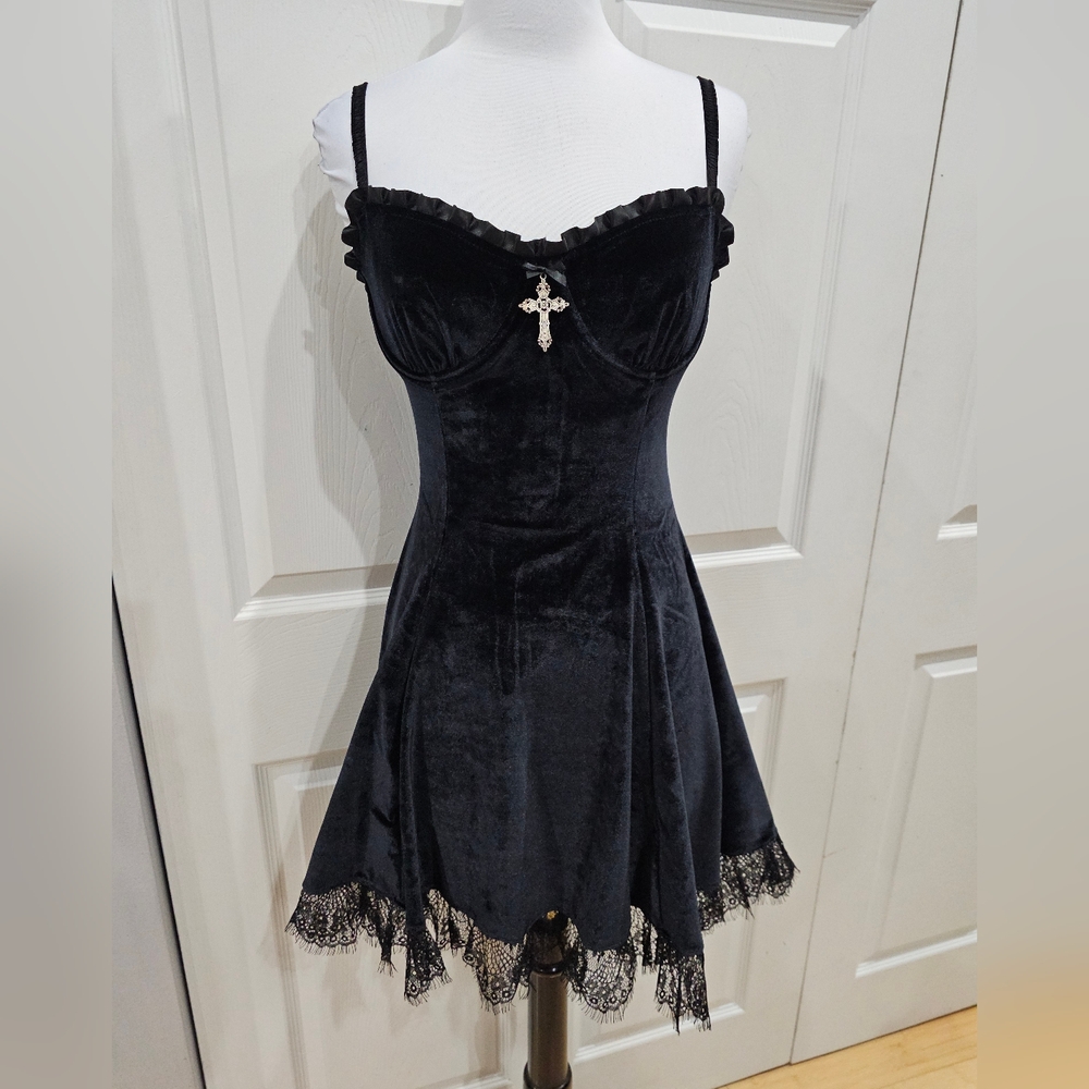 Dolks Kill Widow Goth Witchy Midnight Blind Faith Black Velvet Sexy Mini Dress S